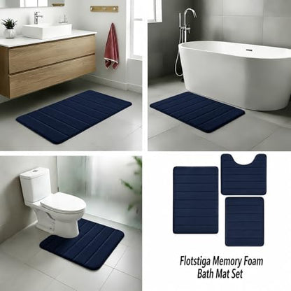 Memory Foam Bath Mat Set 3 Piece，Super Soft Absorbent Bathroom Rug Non Slip, Quick Dry,Machine Wash, Perfect Plush Bathroom Rugs,Home Decor Accessories,Navy Blue