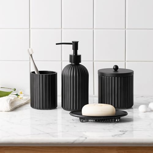 4PCs Heavy Weight Decent Glass Bathroom Accessories Set with Decorative Pressed Pattern - Includes Hand Soap Dispenser & Tumbler & Soap Dish & Toothbrush Holder (Black)