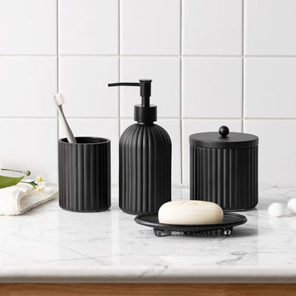 4PCs Heavy Weight Decent Glass Bathroom Accessories Set with Decorative Pressed Pattern - Includes Hand Soap Dispenser & Tumbler & Soap Dish & Toothbrush Holder (Black)