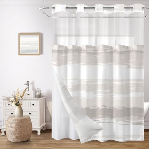 No Hook Shower Curtain with Liner, Creme Stripe, 71x74 Inch