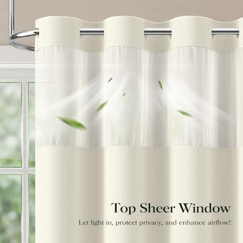 Dynamene Cream Hook Free Waffle Shower Curtain & Snap-in Fabric Liner,72x75
