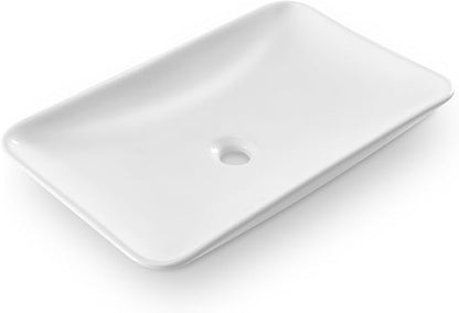24*15 Inch Glossy White Modern Art Countertop Bathroom Vessel Sink, Decorative-Functional Ceramics Rectangle Vessel Sinks, Elegant Above Counter Large Washbasin Bowl for Bathroom Vanity, RVs