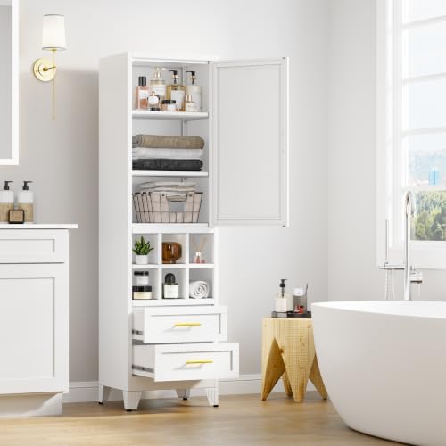 Ckzbx Tall Narrow Storage Cabinet, 66.93" H Tall Bathroom Cabinet Metal Pantry Cabinets with Drawers, 3 Adjustable Shelves, for Kitchen, Bathroom, Home Office, Living Room (White)