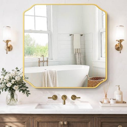 Gold Vanity Bathroom Mirror, 30" x 30" Scalloped Mirror for Wall
