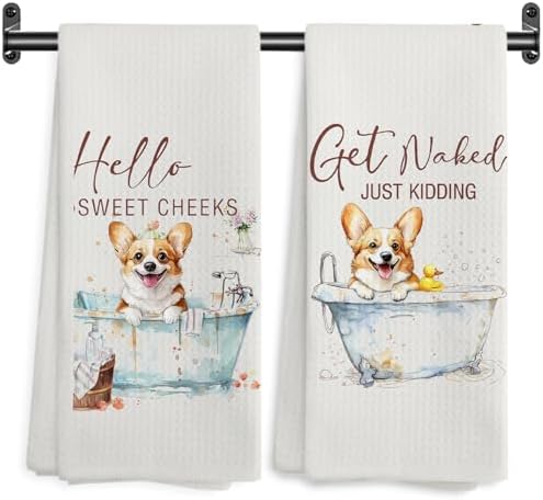 Funny Corgi Hand Towels, Hello Sweet Cheeks Bathroom Decor, Corgi Gifts Decorative Hand Towels for Bathroom Washroom Restroom, Gifts for Corgi Lovers, 16x24 Inch Set of 2