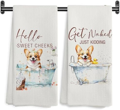 Funny Corgi Hand Towels, Hello Sweet Cheeks Bathroom Decor, Corgi Gifts Decorative Hand Towels for Bathroom Washroom Restroom, Gifts for Corgi Lovers, 16x24 Inch Set of 2
