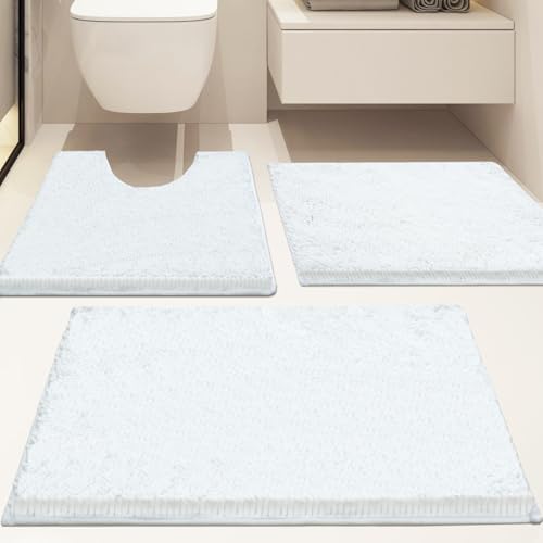 Bathroom Rugs Sets 3 Piece Non Slip,Bath Rugs with PVC Backing Bath Carpet,Bathroom Rug Washable,Absorbent,Plush Carpet Mats,Bath Mats for Bedroom, Kitchen,Tub,Home Decor (White)