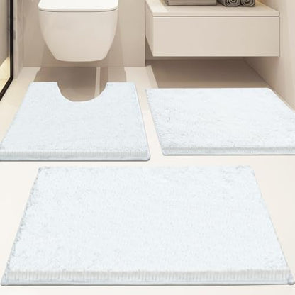 Bathroom Rugs Sets 3 Piece Non Slip,Bath Rugs with PVC Backing Bath Carpet,Bathroom Rug Washable,Absorbent,Plush Carpet Mats,Bath Mats for Bedroom, Kitchen,Tub,Home Decor (White)
