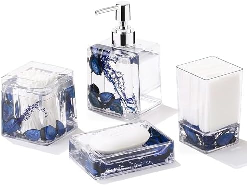 Blue Clear Bathroom Accessories Set,4PCS Flower Acrylic Bathroom Accessory Sets Complete, Lotion Soap Dispenser, Tumbler, Qtip Holder, Soap Dish, Modern Bathroom Décor Set, Gift for Home