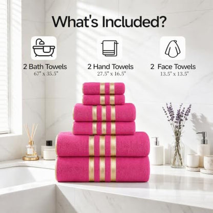 6-PCS Coral Fleece Microfiber Towel Set with Gold Stripes, Super Absorbent, Multiple Colors Available for Home, Bathroom, Hotel & Gym (6, Rose red)