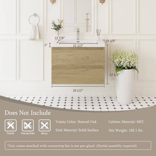 KEIKI 30'' Wall-Mounted Bathroom Vanity with Sink - Floating Design, 2 Soft-Close Drawers & Resin Basin, Space-Saving for Small Bathrooms, Natural Oak