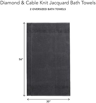 Texere 100% Organic Cotton Diamond Jacquard 700 GSM Luxury Bath Towel Sets - Ultra Soft and Absorbent Hotel and Spa Quality (Diamond, Charcoal, 2 Bath Towels)