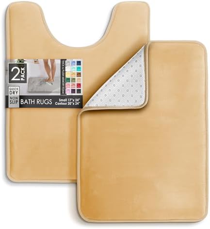 Clara Clark 2 Piece Bathroom Rugs, Velvet Memory Foam Bath Mat Set, Non-Slip Bath Rugs, Machine Wash, Dries Quickly, Ultra Soft Plush Bath Mats for Bathroom, 17 x 24 + Contour, Cream
