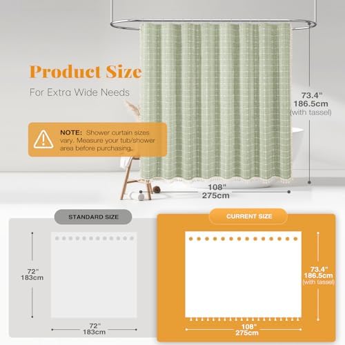 BTTN 108x72 Boho Farmhouse Linen Heavy Duty Shower Curtain Set, Sage Green