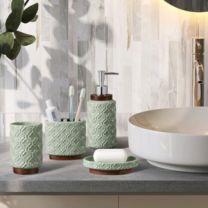 RQYIXI Ceramic Bathroom Accessories Set,Sage Green,4 Piece,Embossed Design