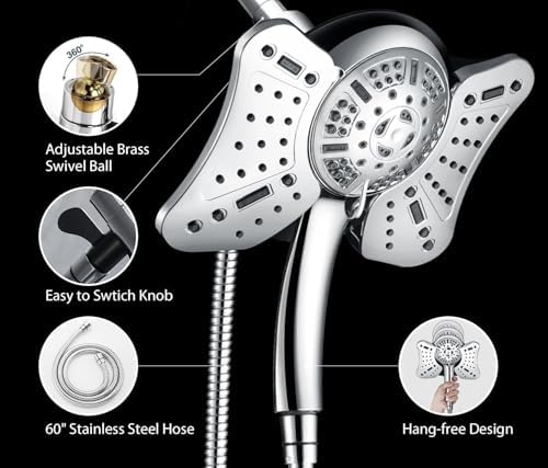 GRICH 2.5GPM Shower Head with Handheld Spray Combo: 2 in 1 Rainfall Shower Heads high pressure & Handheld Shower Head, 9 Spray Modes/Settings Detachable Shower Head with 60 Inch Hose (Pack of 2)