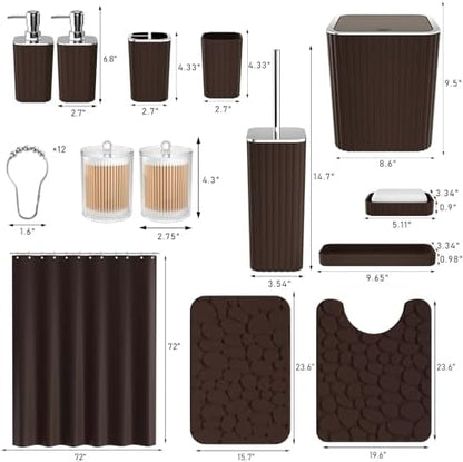 XLHOMO Bathroom Accessories Set - 25PC Brown Bathroom Sets with Shower Curtain and Rugs, Bathroom Accessory Set, Brown Shower Curtain Set, Trash Can, Qtip Holder Dispenser & Soap Dispenser