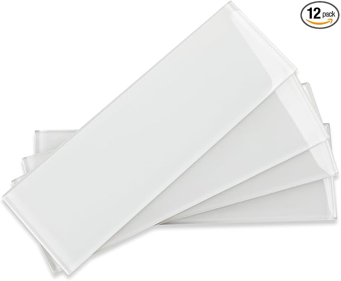 Glass Subway Tile, 4x12 Inch Glass Tile for Kitchen Backsplash Bathroom Shower Wall White (12 Pcs, 4 sq.ft)
