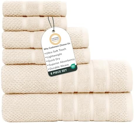 Feather & Stitch 100% Cotton 625 GSM Bath Towel Set of 6, Ultra Soft Highly Absorbent 2 Bath Towels, 2 Hand Towels & 2 Washcloth - Luxury Quick Dry Shower Towels (Ivory)