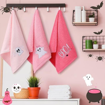 FuWeave 3 Pcs Pink Halloween Ghost Boo Hand Towels for Bathroom