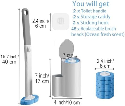 2 Pack Disposable Toilet Brush and Holder Set,Extended Handle with 48 Cleaner Refills Toilet Brush for Toilet Bowl Cleaners,Bathroom Cleaning, Bathtub - Blue (Ocean Fresh Scent)