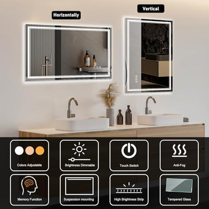 Ratsamee 55"x36" LED Bathroom Mirror with Lights, Backlit + Front Lit