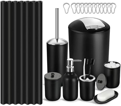 Bathroom Set, 20Pcs Bathroom Shower Curtain Sets with Hooks, Black Bathroom Accessories Set with Trash Can, Bathroom Accessories Sets Complete with Shower Curtain Set, Bathroom Accessory Set