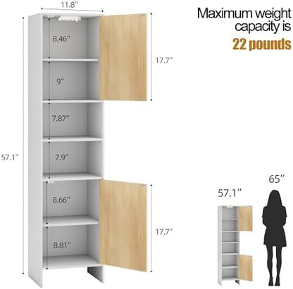 Bathroom Storage Cabinet, Tall Narrow Storage Cabinet with USB Light, White