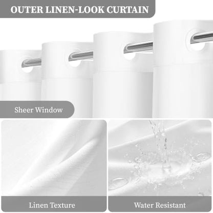 BTTN 72x81 Ringless Linen Textured Shower Curtain with Snap in Liner, White