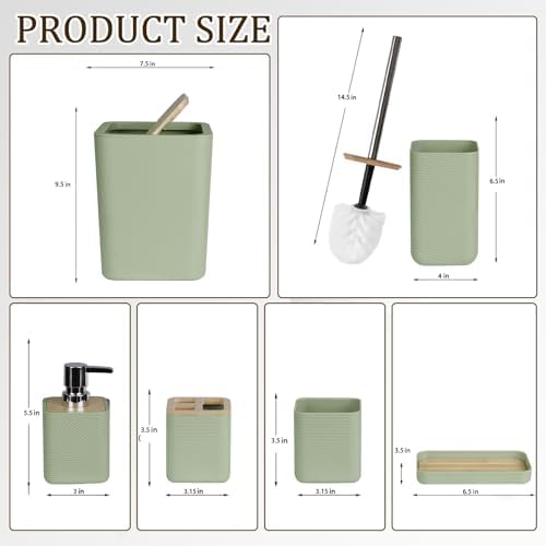 CERBIOR Bamboo Bathroom Accessories Set 6 Piece Square Spiral Set,Green