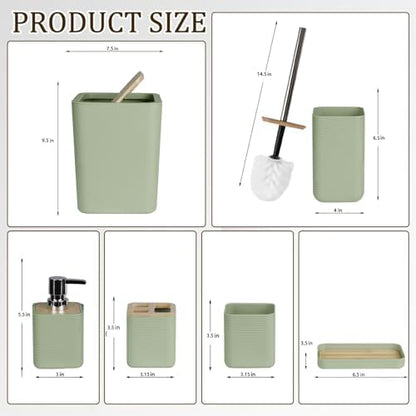 CERBIOR Bamboo Bathroom Accessories Set 6 Piece Square Spiral Set,Green