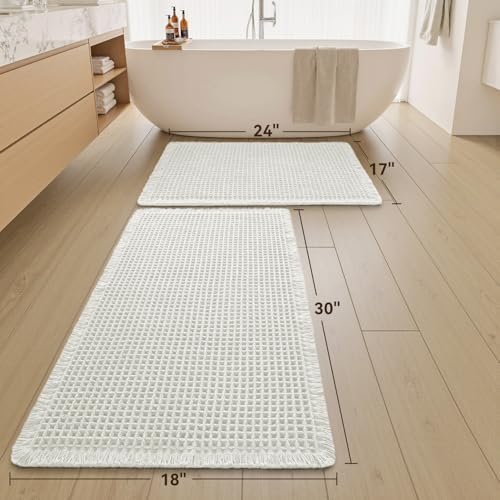 Upgraded Waffle Bath Mat Set of 2 Absorbent Bathroom Mat 17"x24" + 18"x30"
