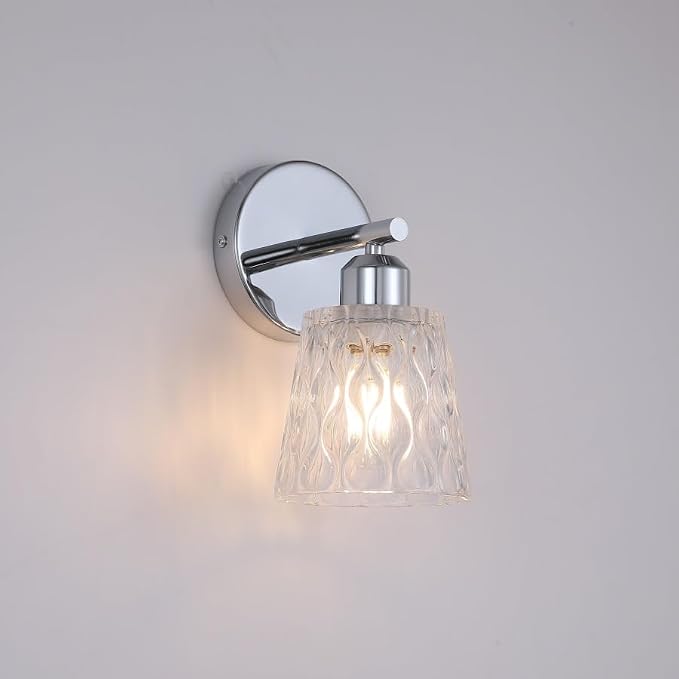 Chrome 1 Light Bathroom Vanity Light with Textured Glass Shade, E26 Socket, Bathroom Light Fixture Over Mirror, Modern Lighting Fixture Wall Lamp Vanity Light