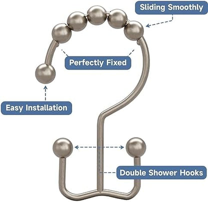 Titanker Shower Curtain Hooks Rings, Rust-Resistant Metal Double Glide Shower Hooks for Bathroom Shower Rods Curtains, Set of 12 Hooks - Matte Nickel