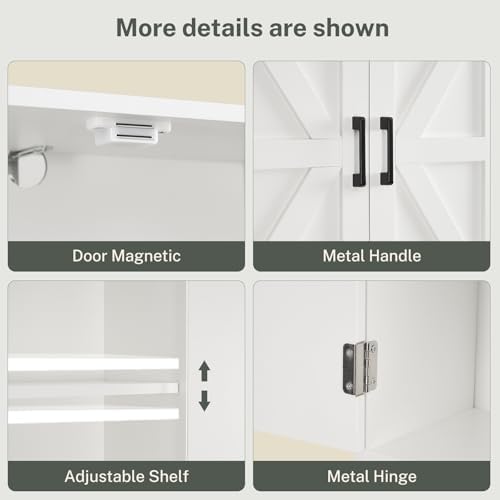 TEENFON Over The Toilet Storage Cabinet with 4 Open Shelves and Adjustable Shelf, Extra Tall Bathroom Organizer Unit with 2 Barn Doors, Home Space Saver for Bathroom, Laundry Room, White