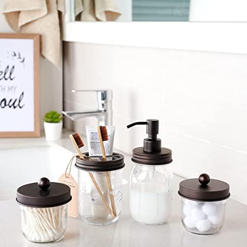 Amolliar Mason Jar Bathroom Accessories Set(4 Pack) -Bronze-Lotion Soap Dispenser&Qtip Holder Set&Toothbrush Holder-Rustic Farmhouse Decor Apothecary Jar Bathroom Countertop,Vanity Organize (Bronze)