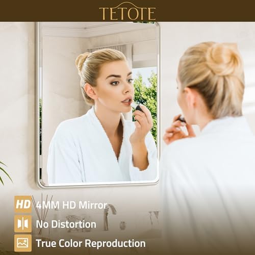TETOTE Brushed Nickel Vanity Mirror for Bathroom 36 x 36 Beveled Edge Tempered Glass, Rounded Corner Rectangle Wall Mirror for Modern Bathroom, Living Room, Bedroom, Entryway