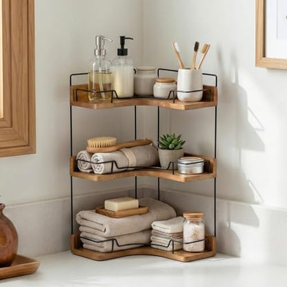 3-Tier Bathroom Counter Organizer, Wooden Corner Shelf for Vanity Countertop Skincare & Makeup, Storage and Organization for Kitchen