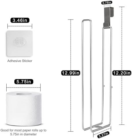 Bathroom Toilet Paper Holder with Storage, Over The Tank Toilet Paper Holder, Toilet Paper Roll Holder for 3 Rolls, Adhesive Tissue Holder for Bathroom, Silver, 2PC