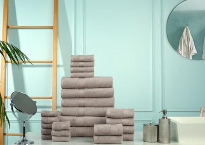 HILLFAIR 100% Cotton 24 PC Bulk Pack - Hotel Spa Bath Towels Set - Stone