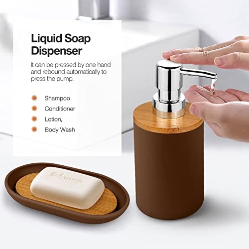 Bathroom Accessory Set, 6 Pcs Bathroom Essential Includes Toothbrush Holder, Toilet Brush with Soap Dispenser, Toothbrush Cup, Soap Dish, Trash Can (Brown, Bamboo)