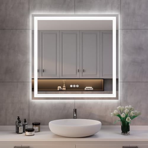 ISKM 32x32 LED Mirror for Bathroom, Front and Back Lit, Anti-Fog, Dimmable