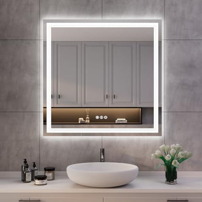 ISKM 32x32 LED Mirror for Bathroom, Front and Back Lit, Anti-Fog, Dimmable