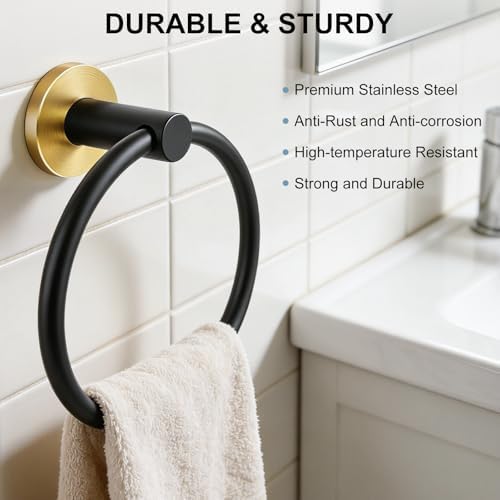 SetSail Towel Holder for Bathroom Wall Round Towel Ring, Black and Glod