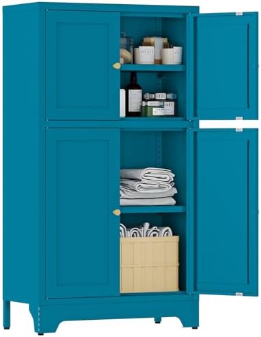 YAUWOH Blue Bathroom Floor Cabinet, Metal Storage Cabinet with 2 Adjustable Shelves & 4 Doors,Freestanding Sideboard for Dining Room,Living Room, Home Office