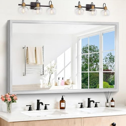 60 x 40 inch Brushed Silver Bathroom Mirror, Large Metal Framed Rectangle Mirror, 0.6" Thickened Deep Frame Mirrors for Living Room Bedroom, Tempered Glass, Antirust, Horizontal or Vertical