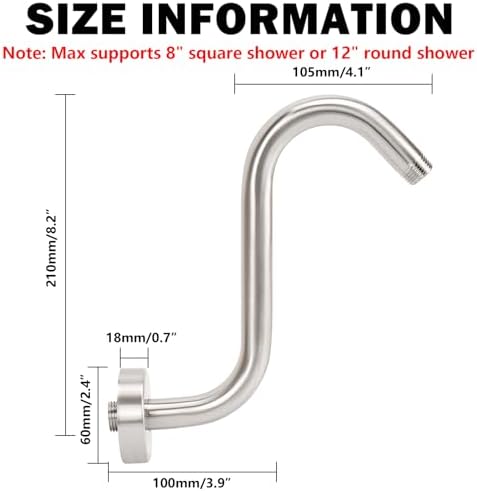 NearMoon S Shaped Shower Head Riser Arm, Shower Extender Arm with Flange, Standard 1/2" Connection- Bathroom Accessory (8 Inch, Brushed Nickel)