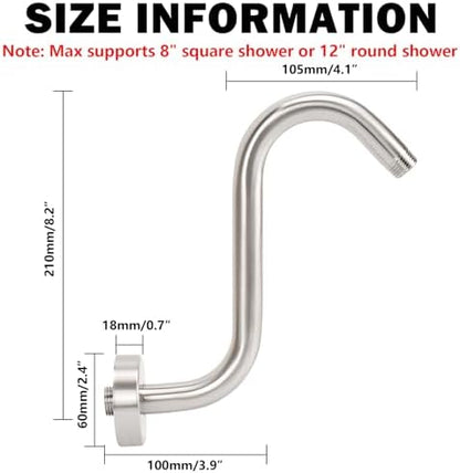 NearMoon S Shaped Shower Head Riser Arm, Shower Extender Arm with Flange, Standard 1/2" Connection- Bathroom Accessory (8 Inch, Brushed Nickel)