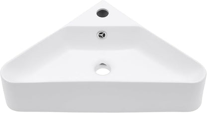 Corner Wall Mount Bathroom Sink | Beslend 21"x8" Inch White Ceramic Vessel Sink, Triangle Corner Sinks Art Basin with Overflow and Single Hole