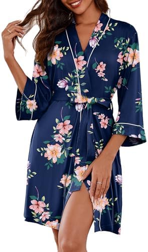 Ekouaer Women Kimono Robes Knee Length Knit Bathrobe Lightweight Soft Sleepwear V-neck Casual Ladies Loungewear